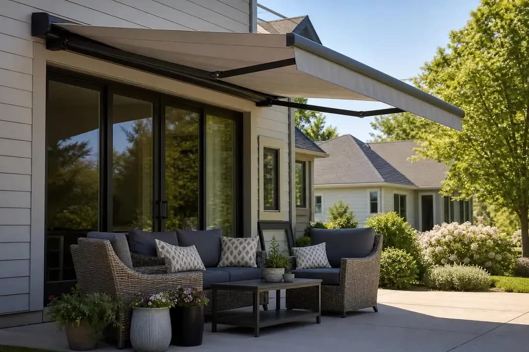 Retractable awning over patio